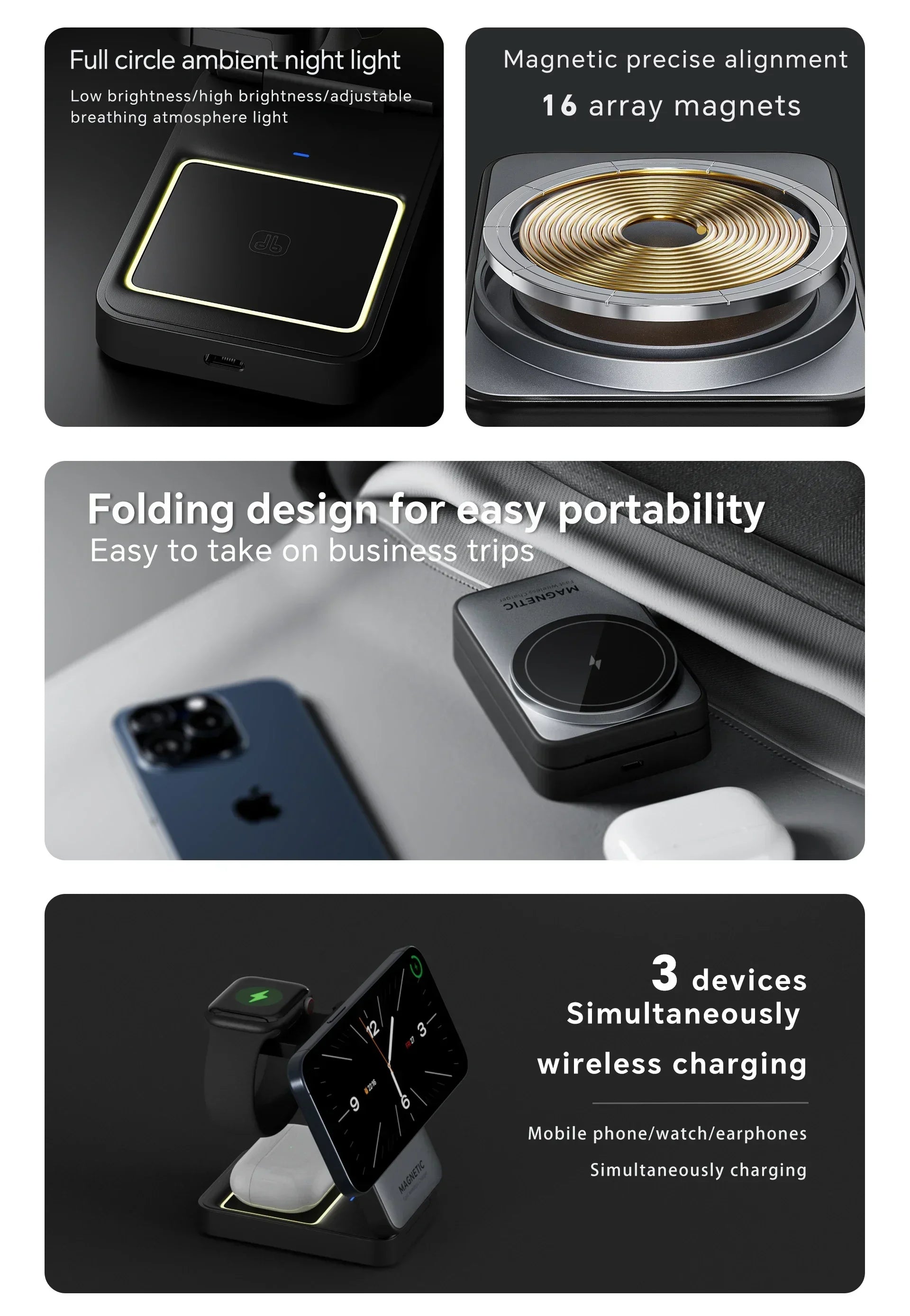 LED Foldable 3-in-1 MagSafe Wireless Charging Stand for iPhone & Apple Watch
