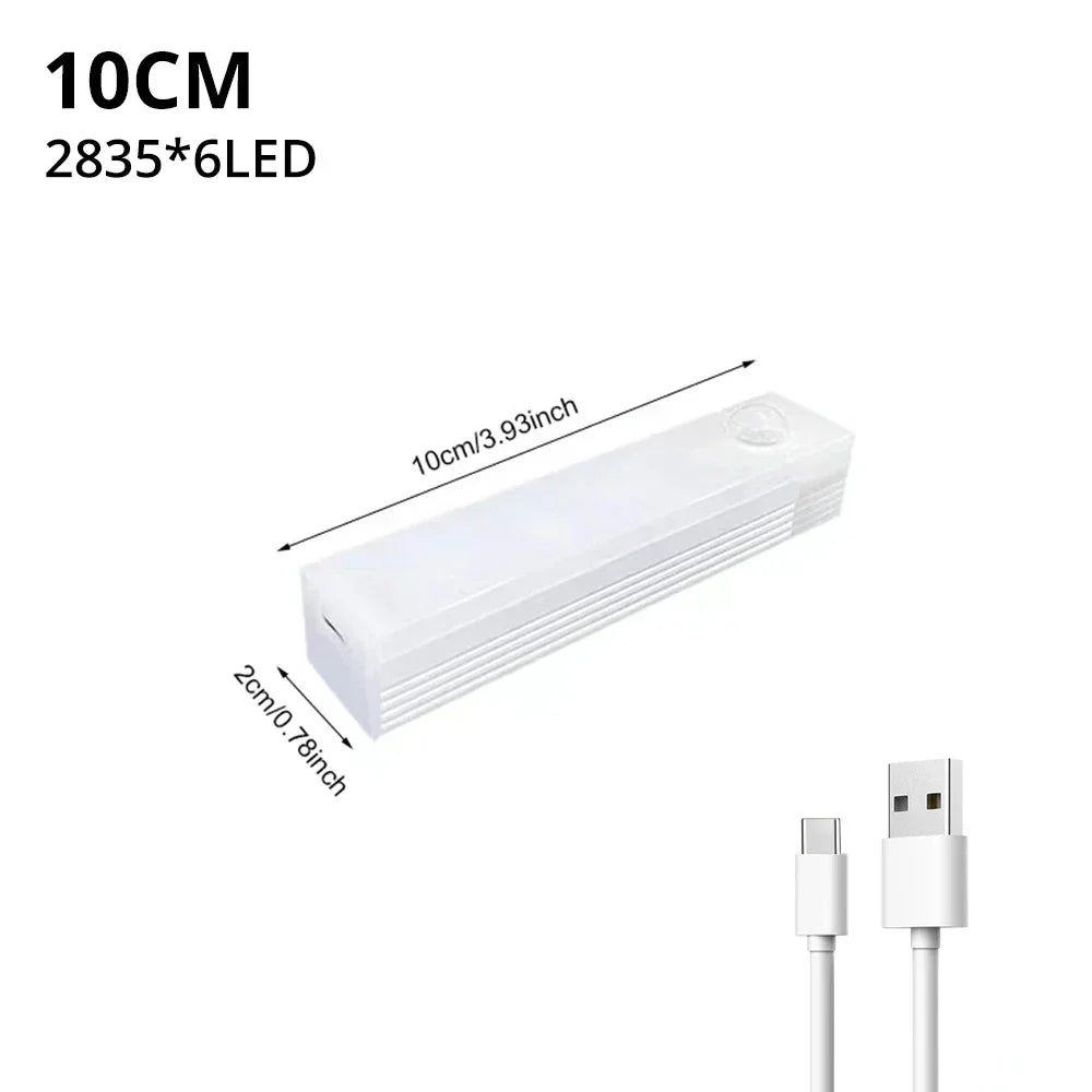 مصباح شريطي LED بمستشعر حركة PIR - تثبيت مغناطيسي، قابل لإعادة الشحن عبر USB، 10–50 سم