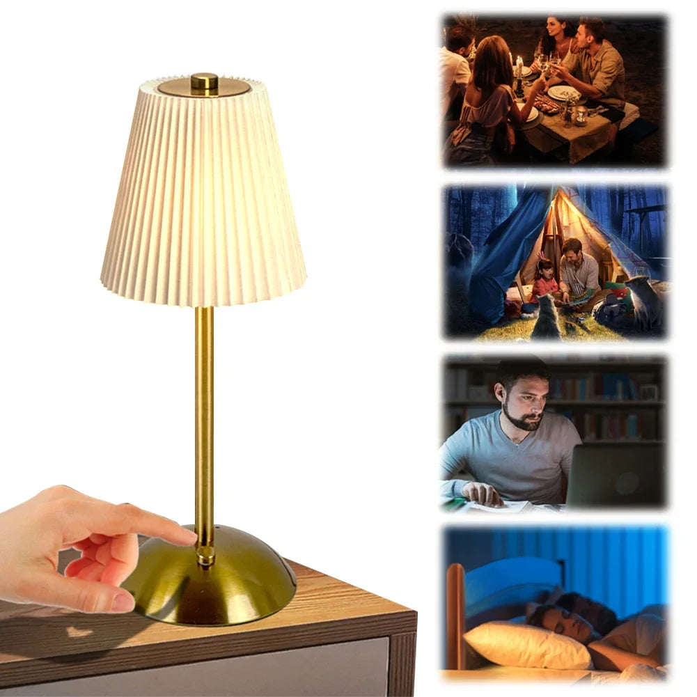 Cordless Metal Table Lamp with Pleated Shade – Touch Dimming, Rechargeable
