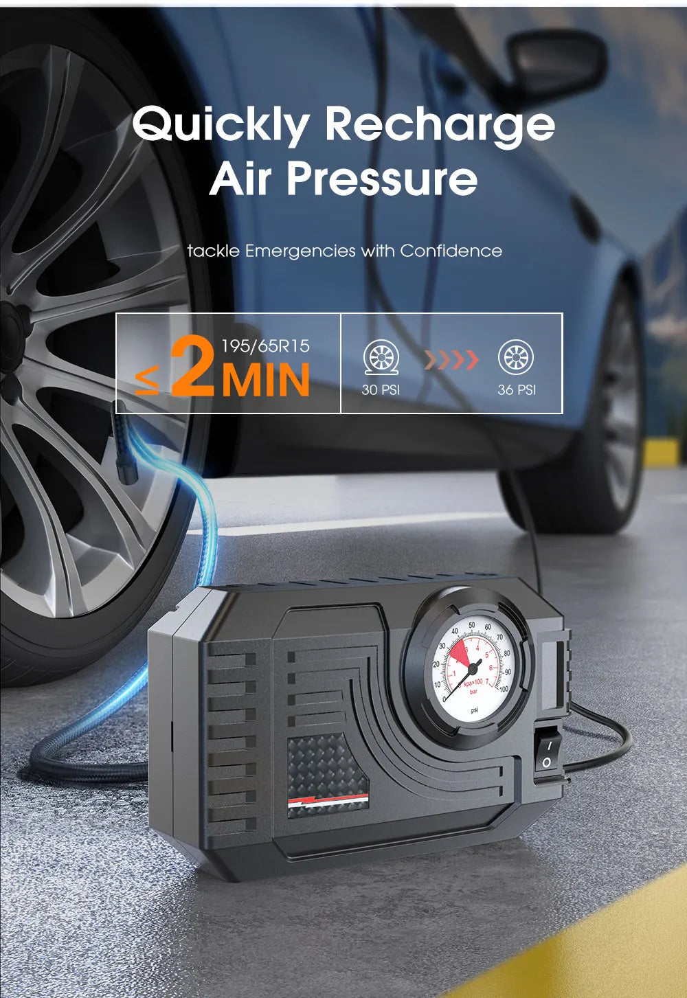 CARSUN Mini Wired Tire Inflator – 20L/Min Portable Air Compressor with Analog Gauge