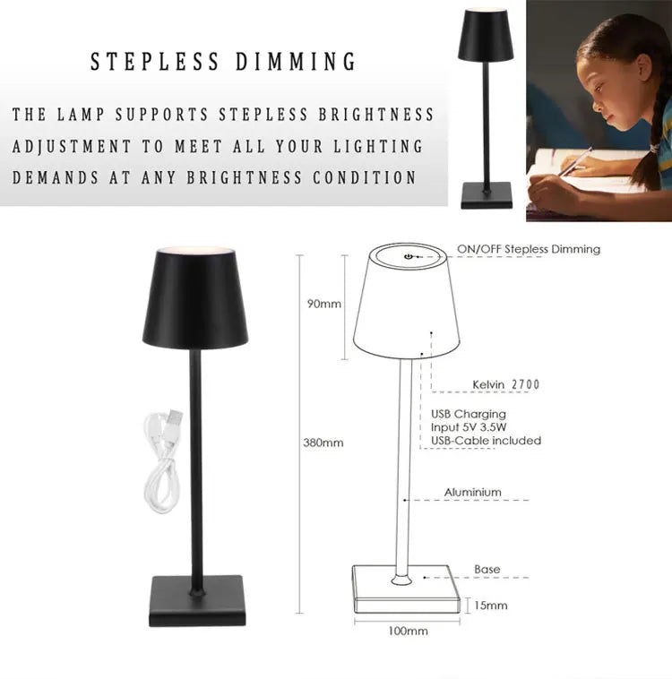 IP54 Waterproof Cordless Table Lamp – Touch Dimming, USB Rechargeable, Hotel Style