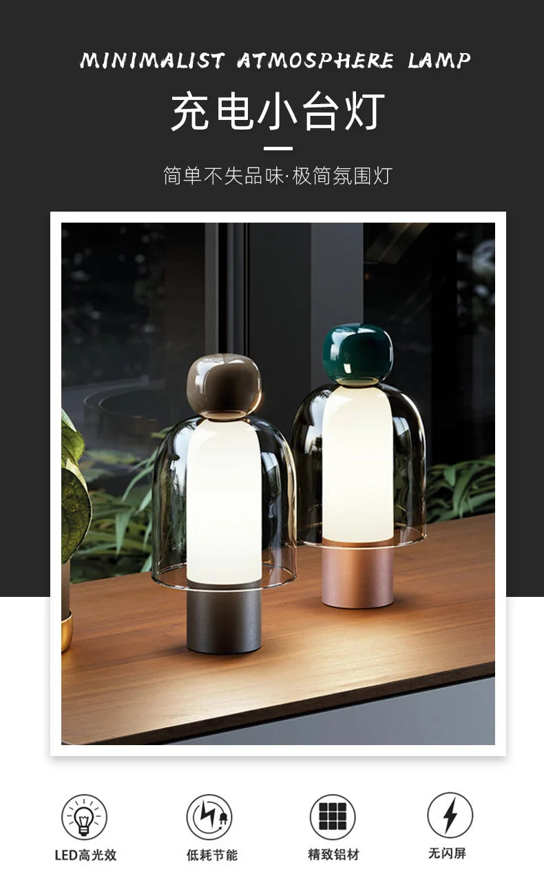 Nordic Glass Cordless Table Lamp – Rechargeable Bedside Desk Light