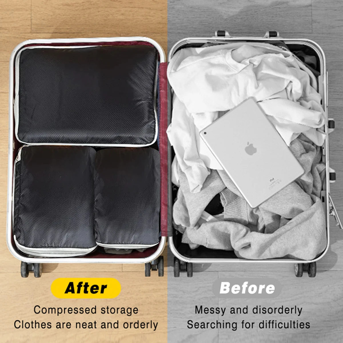 4-Piece Compression Packing Cubes Set – Waterproof Travel Luggage Organizers (S/M/L/XL)