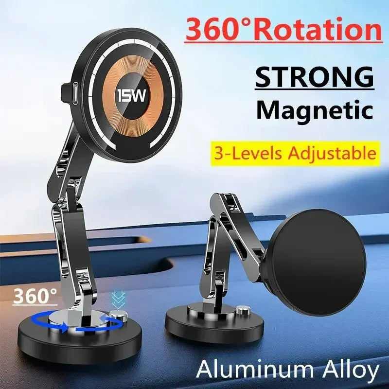 Magnetic Car Phone Mount – 15W Wireless Charging, Compatible with iPhone 12–15