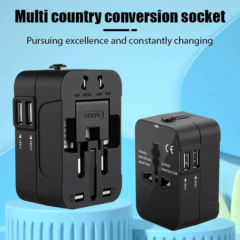 Universal Travel Adapter – Dual USB, 1200W, EU/UK/US/AU Plug Converter