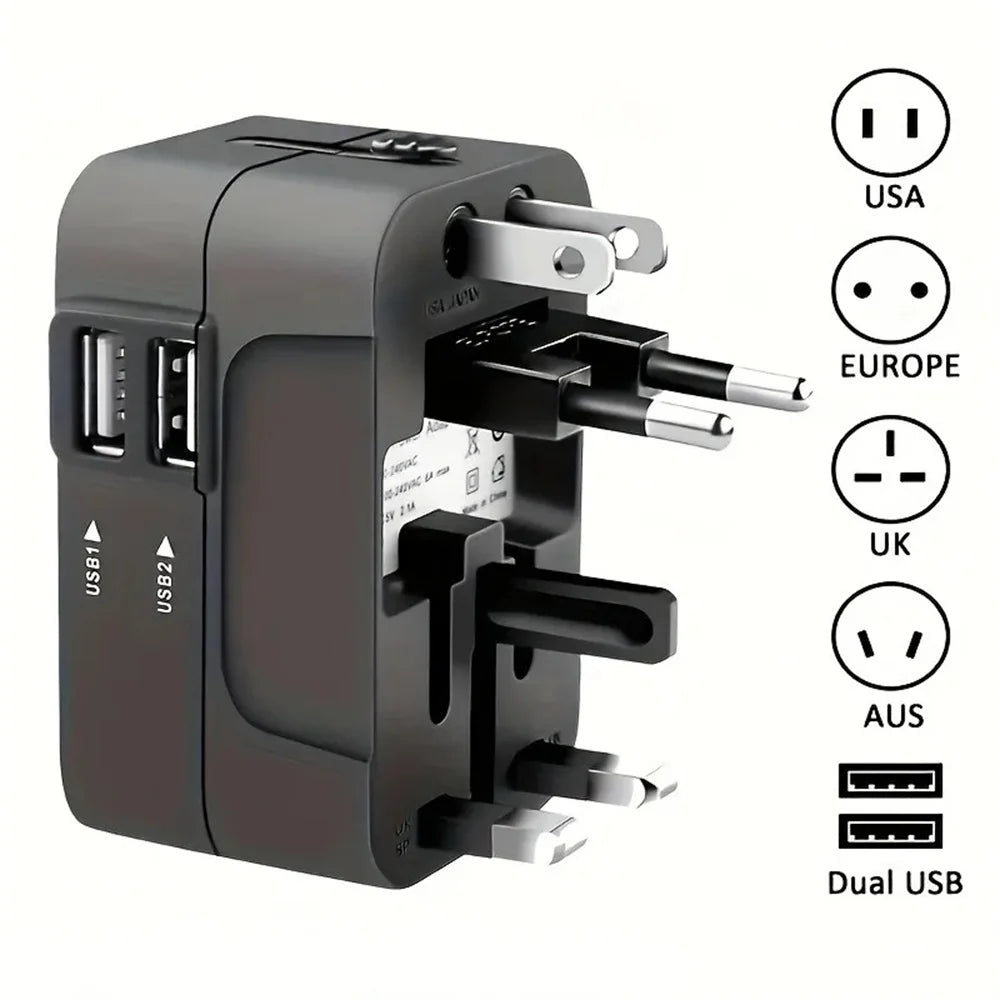Universal Travel AC Power Adapter with Dual USB Ports – EU/US/UK/AU