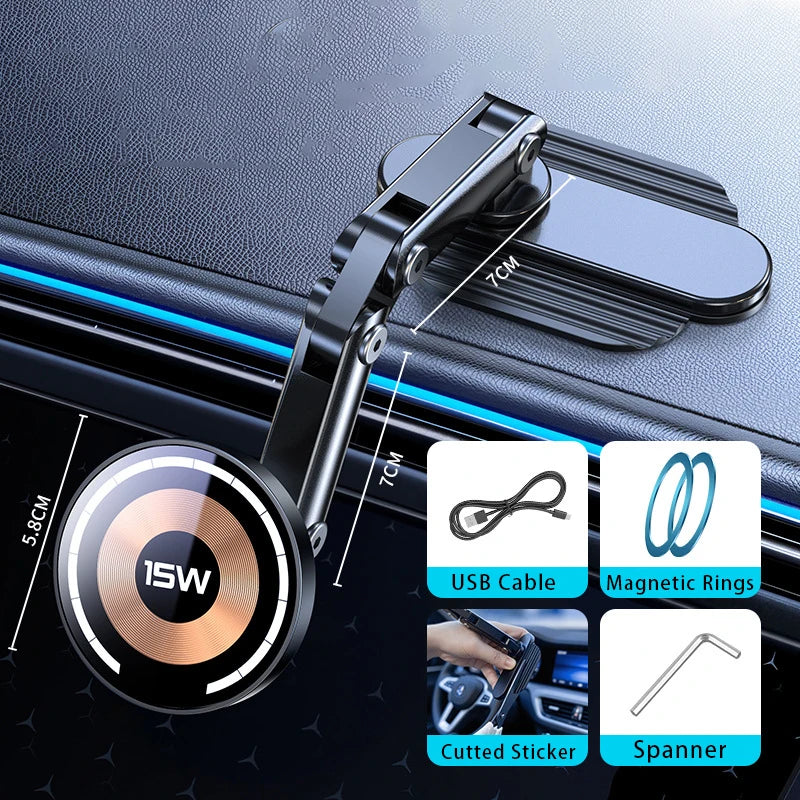Magnetic Car Phone Mount – 15W Wireless Charging, Compatible with iPhone 12–15