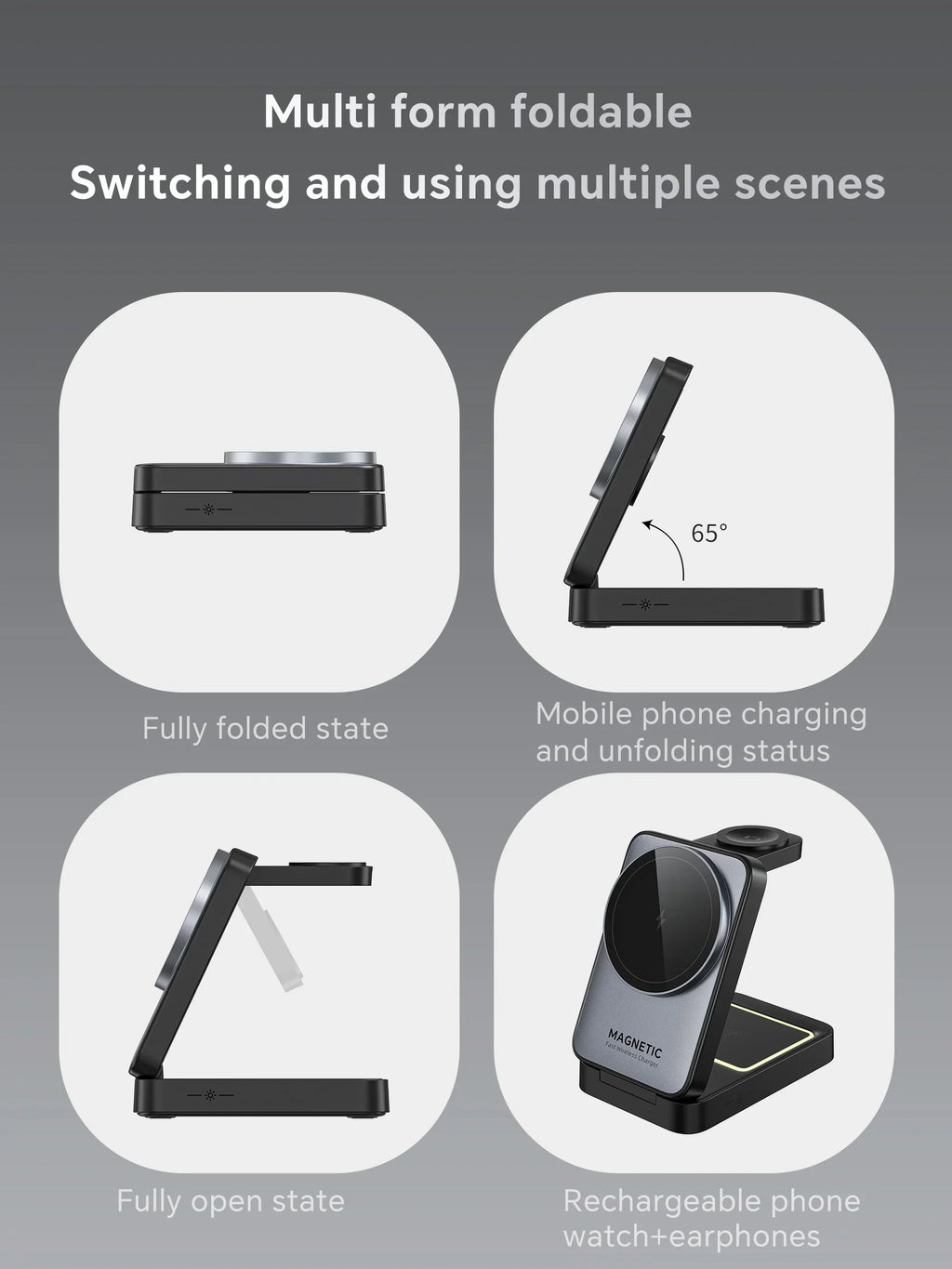 LED Foldable 3-in-1 MagSafe Wireless Charging Stand for iPhone & Apple Watch
