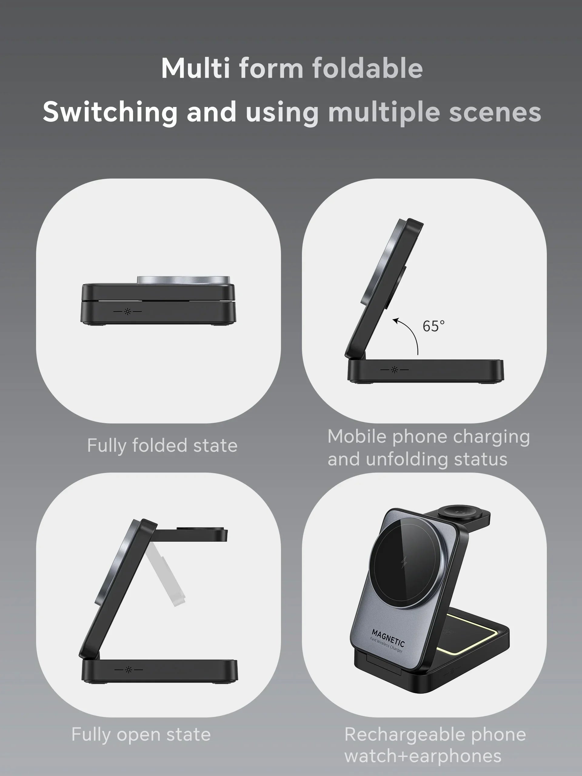 LED Foldable 3-in-1 MagSafe Wireless Charging Stand for iPhone & Apple Watch