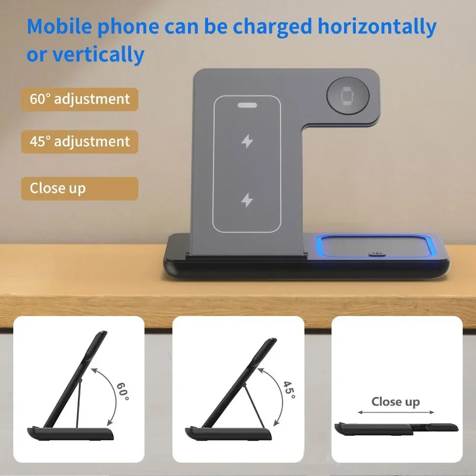 Foldable 3-in-1 Wireless Charging Station – iPhone, Apple Watch & AirPods, 15W Fast Charge