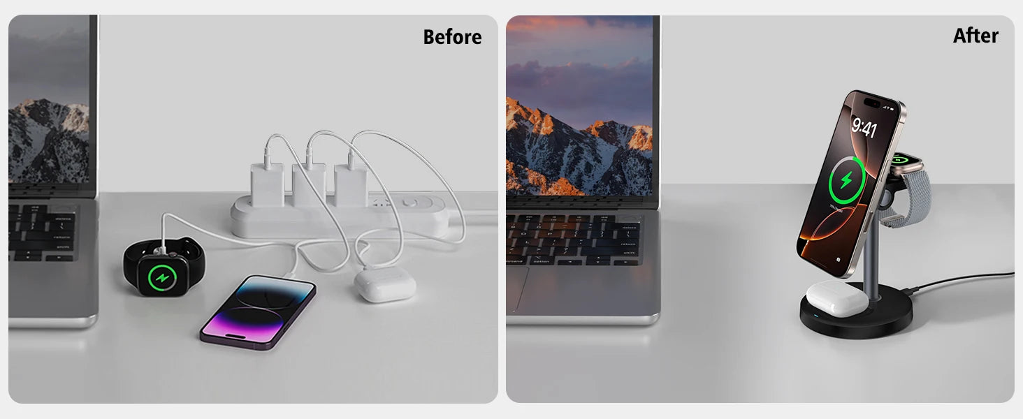 3-in-1 Magnetic Wireless Charging Station – iPhone, Apple Watch & AirPods, 15W Fast Charge