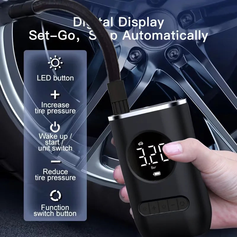 Wireless Tire Inflator – Lithium Battery Air Pump with LED Light & USB Charging Port