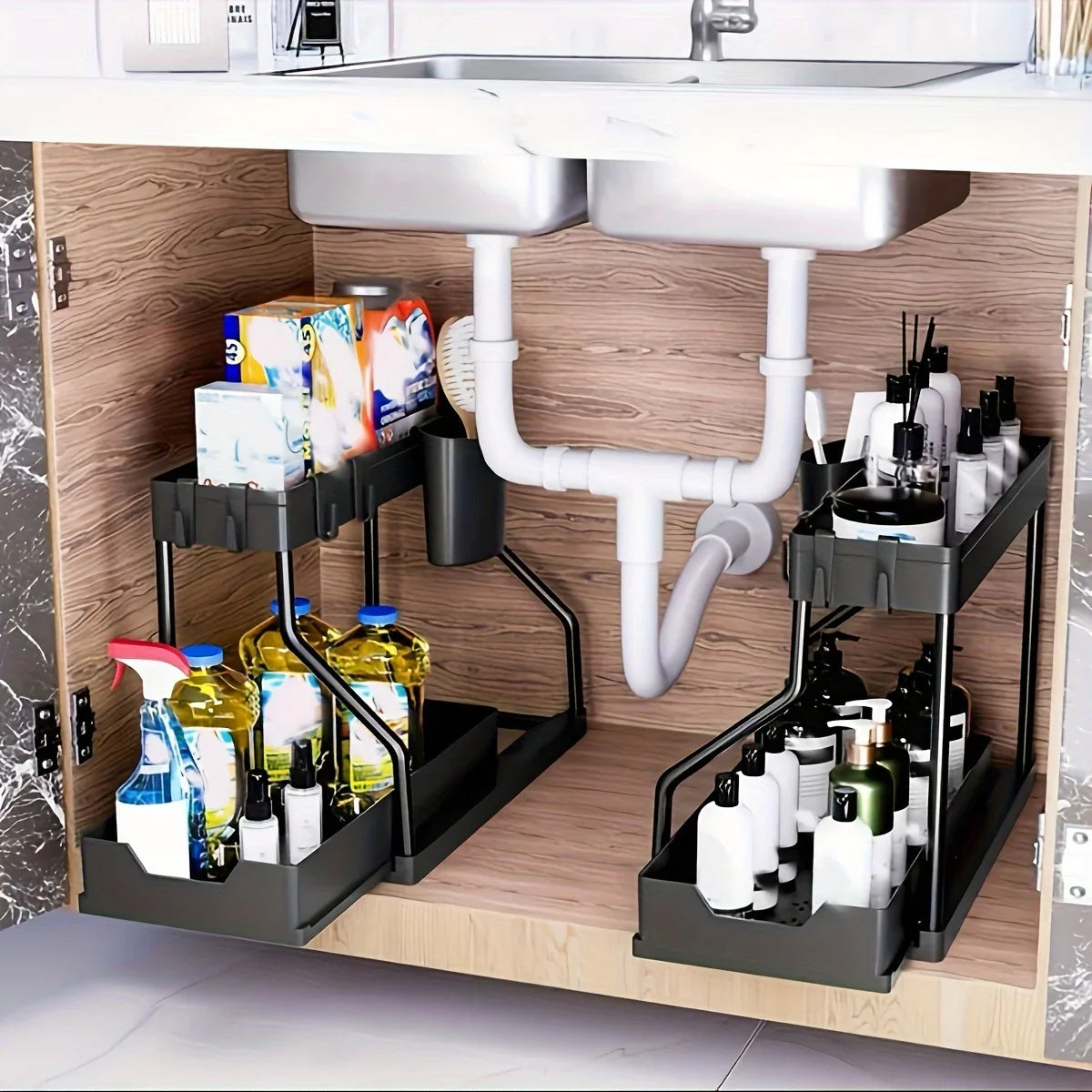 2-Tier Pull-Out Under-Sink Organizer – Large Capacity Drawer Storage Box for Kitchen & Bathroom