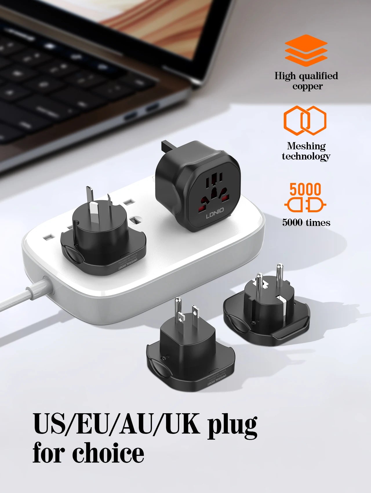 LDNIO Universal Travel Adapter EU/KR to UK/US/AU Plug Converter