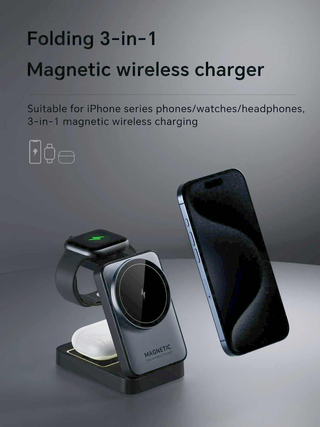 LED Foldable 3-in-1 MagSafe Wireless Charging Stand for iPhone & Apple Watch
