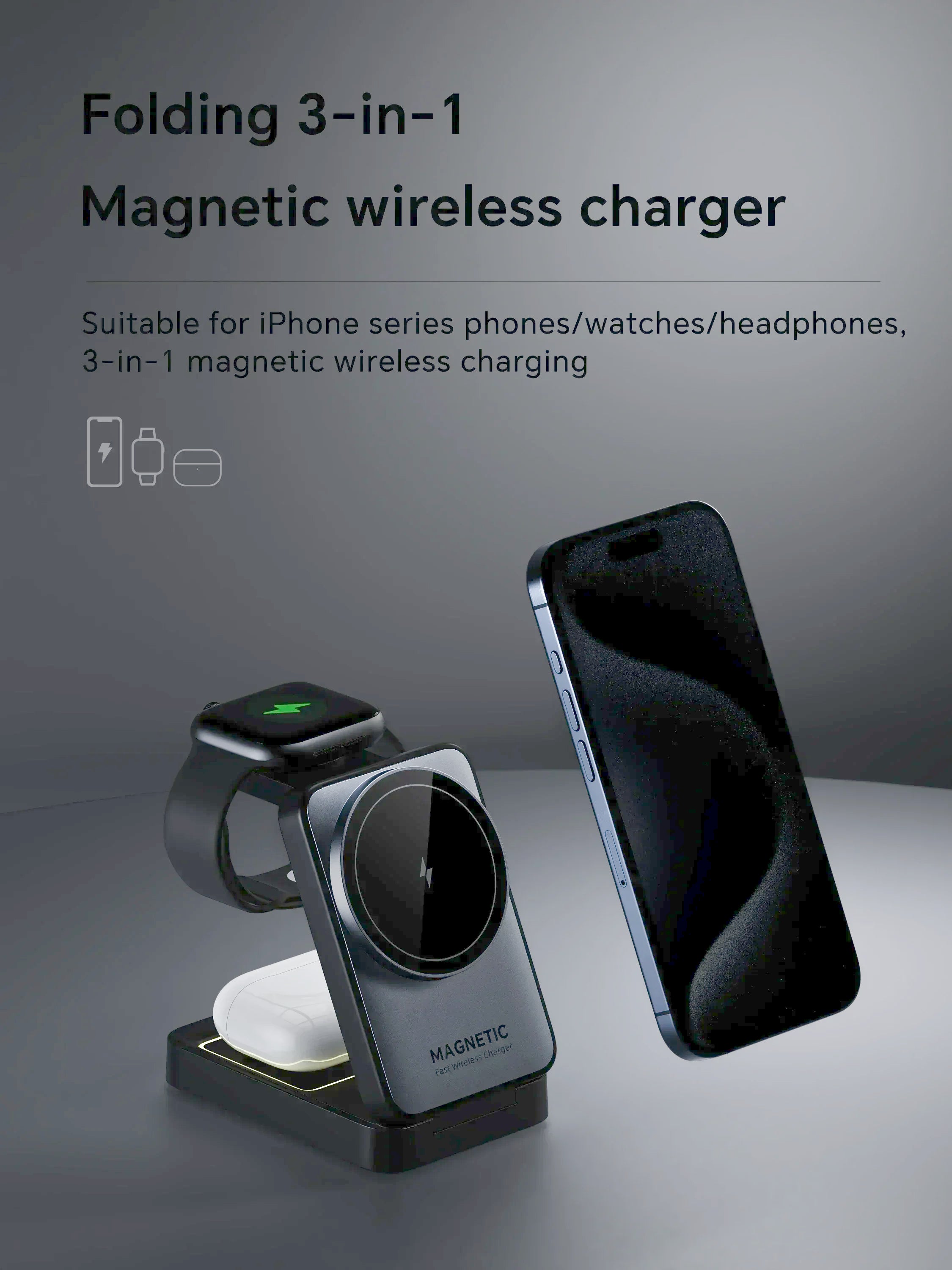 LED Foldable 3-in-1 MagSafe Wireless Charging Stand for iPhone & Apple Watch