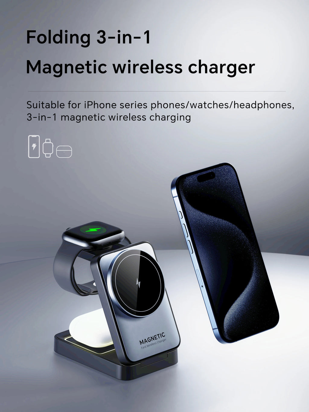 Foldable 3-in-1 Travel Wireless Charging Stand for iPhone & Apple Watch