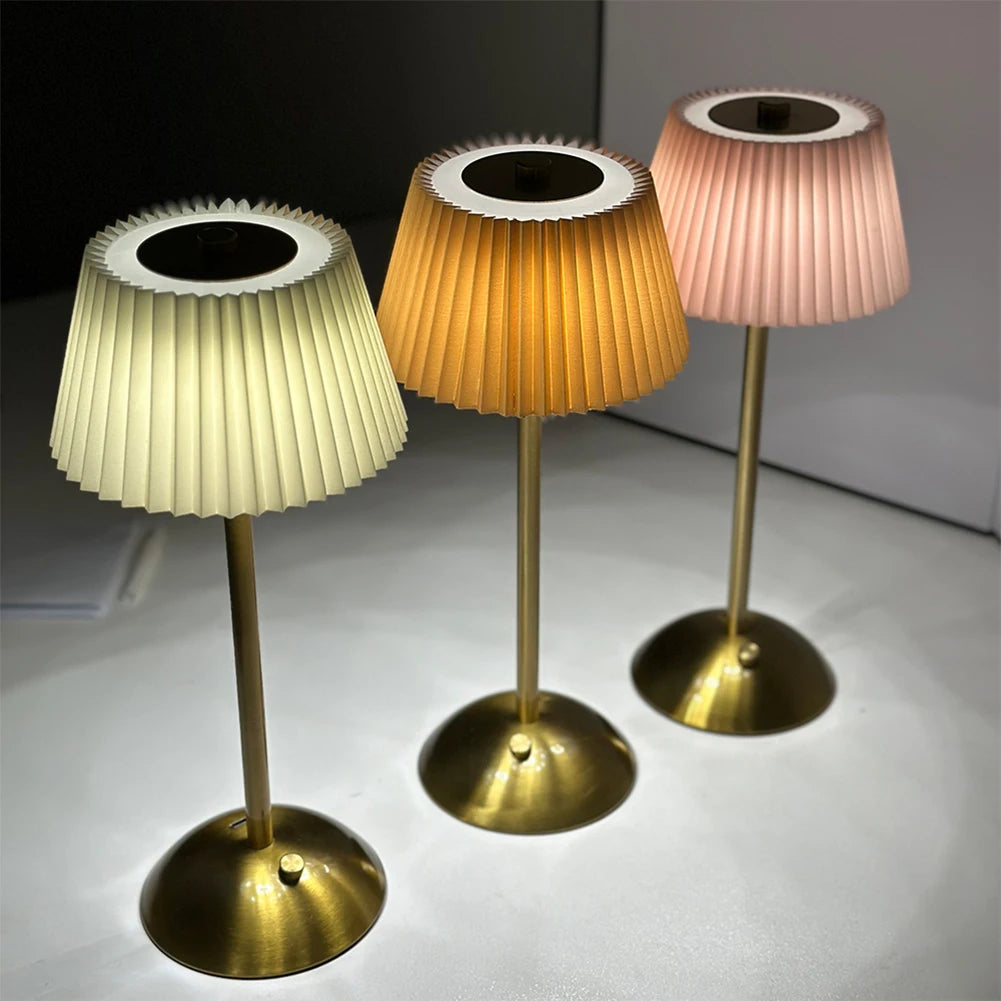 Cordless Metal Table Lamp with Pleated Shade – Touch Dimming, Rechargeable