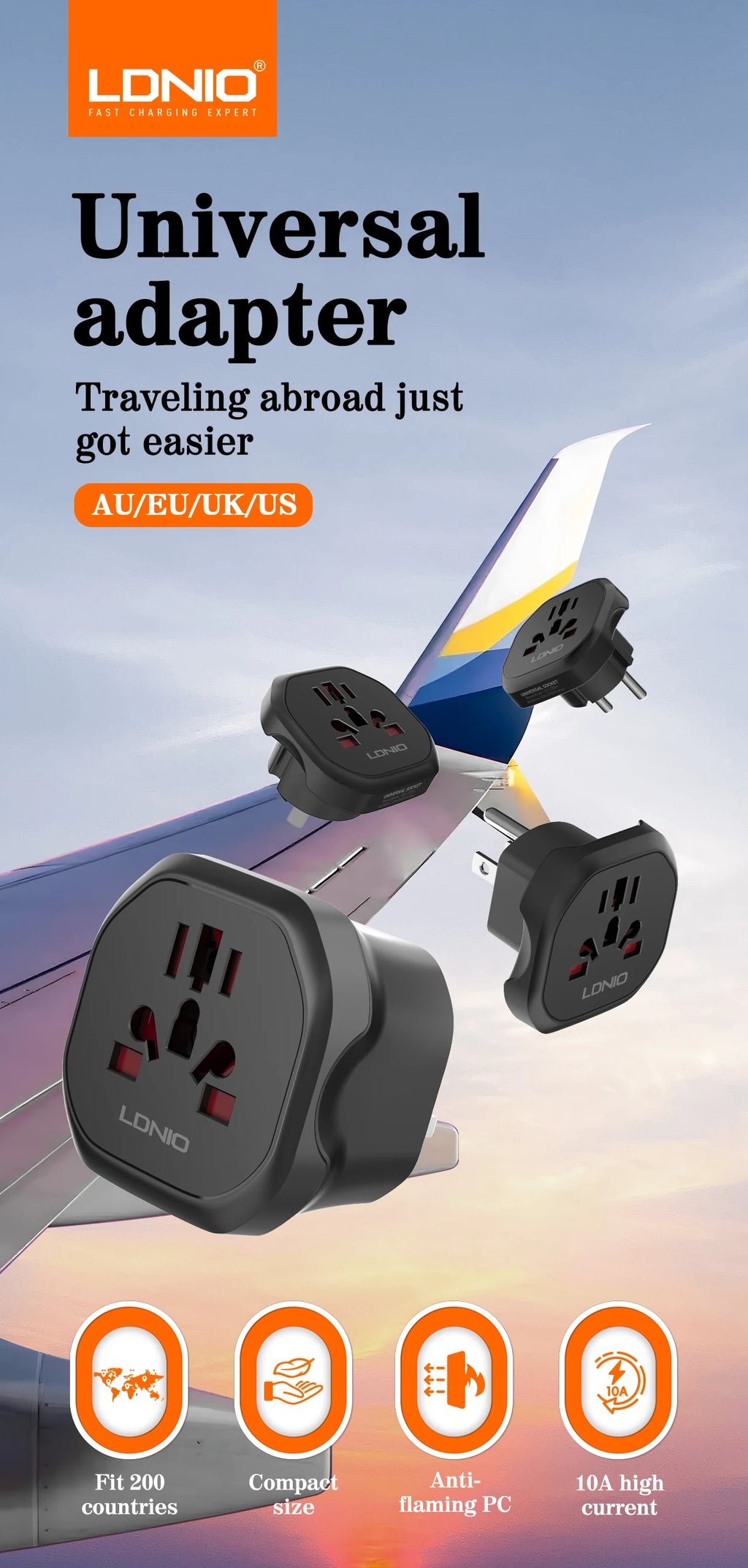 LDNIO Universal Travel Adapter EU/KR to UK/US/AU Plug Converter