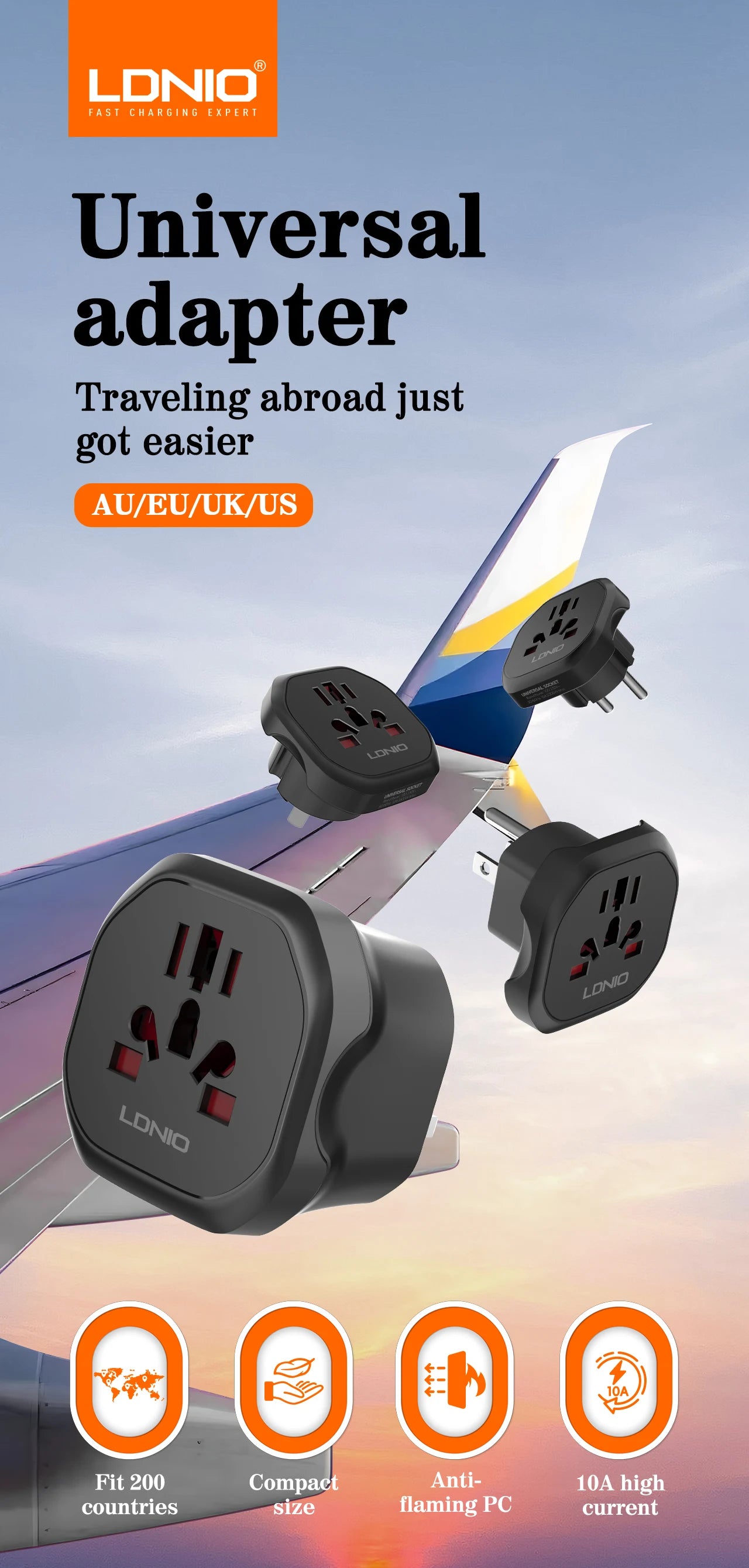 LDNIO Universal Travel Adapter EU/KR to UK/US/AU Plug Converter