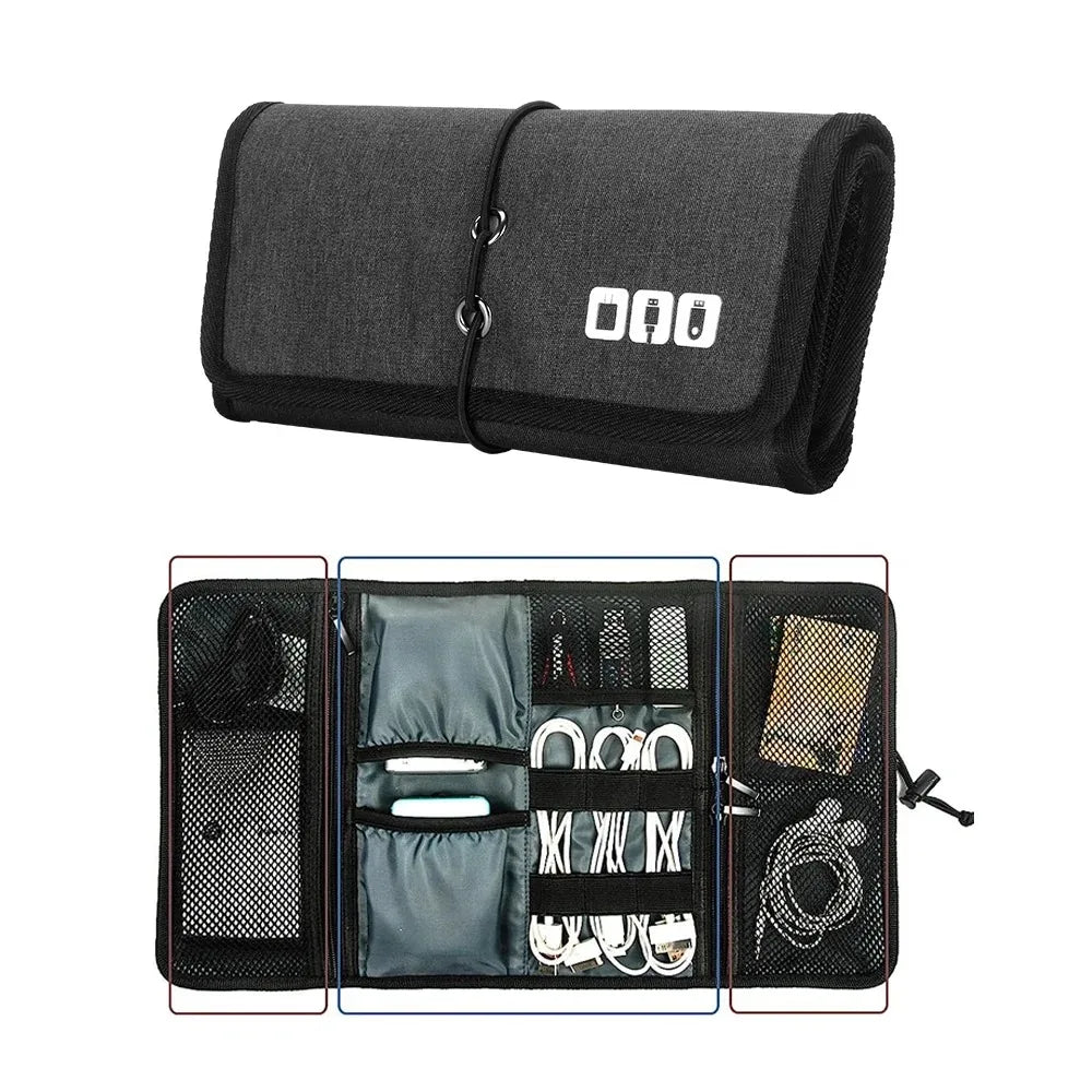 Travel Electronics Organizer Bag with Roll-Up Cable Pouch