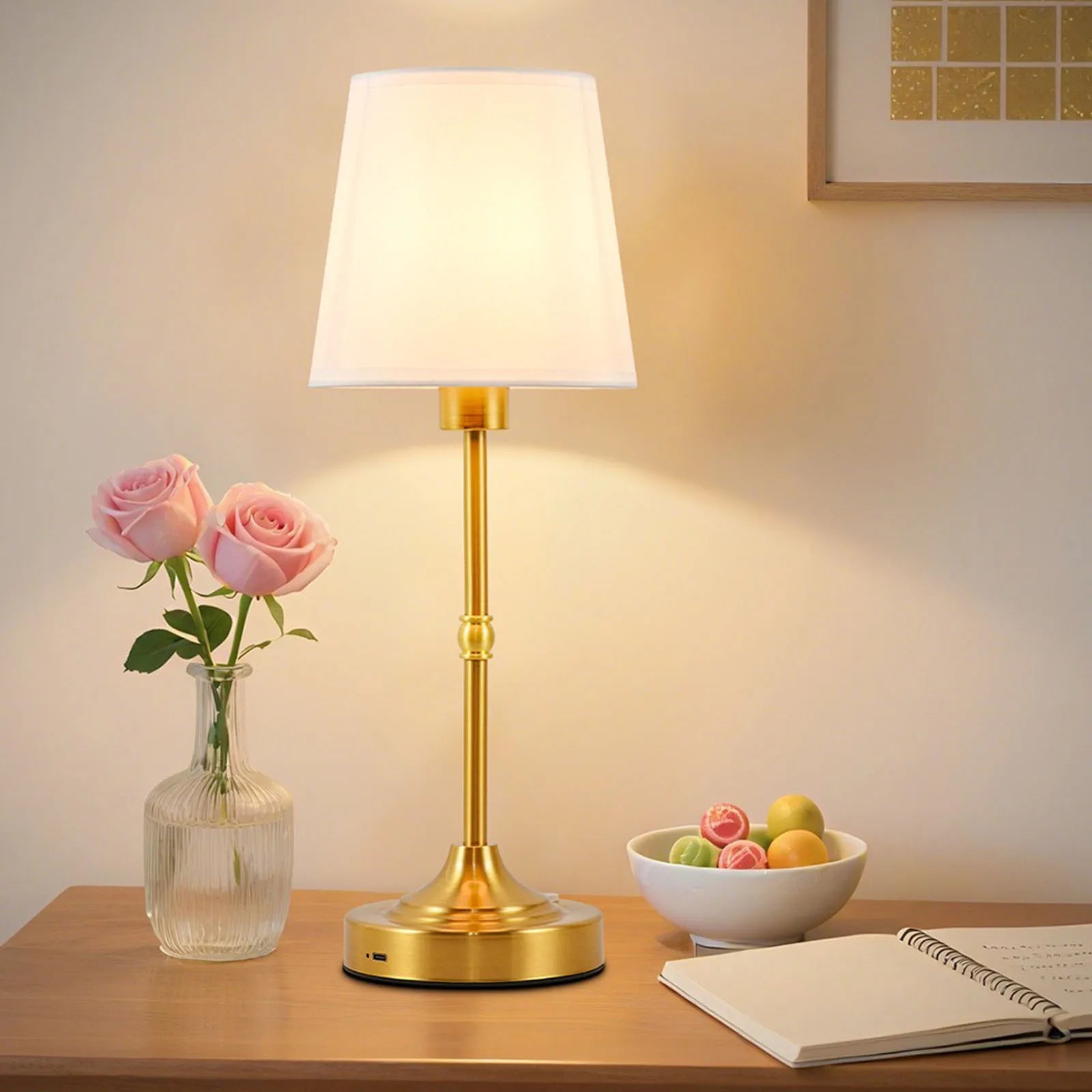 Cordless Rechargeable Table Lamp – 3-Level Dimmable, Fabric Shade, Touch Switch