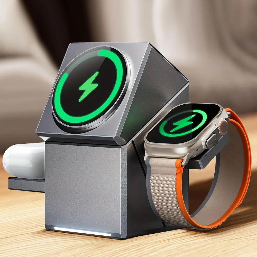 Portable 3-in-1 Wireless Charging Station – 30W Fast Charge, iPhone, Watch & AirPods