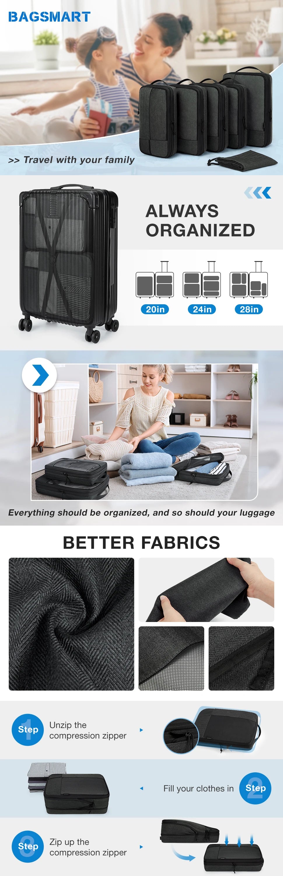 BAGSMART 6-Piece Compression Packing Cubes Set – Expandable Travel Luggage Organizer with Shoe Bag