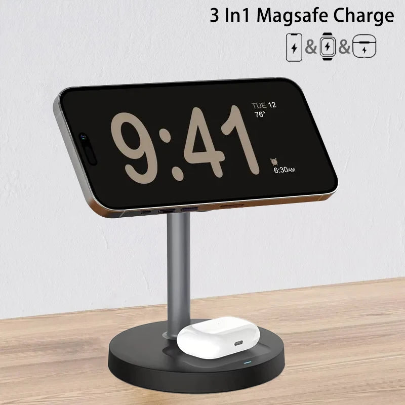 3-in-1 Magnetic Wireless Charger Stand – Adjustable, 15W, iPhone, Apple Watch & AirPods