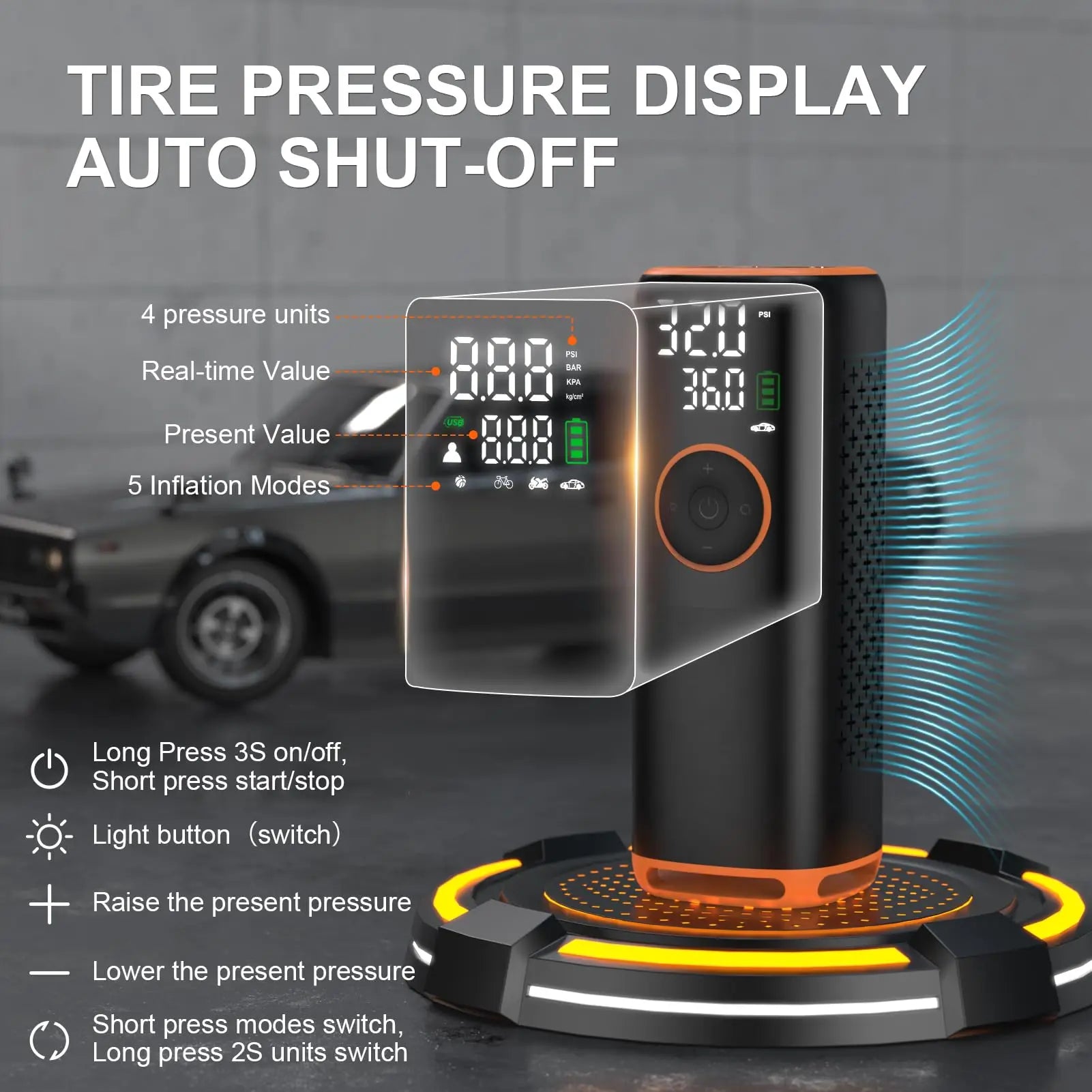160 PSI Smart Tire Inflator – 6000mAh Battery, Dual Screen & 5-Mode Air Compressor
