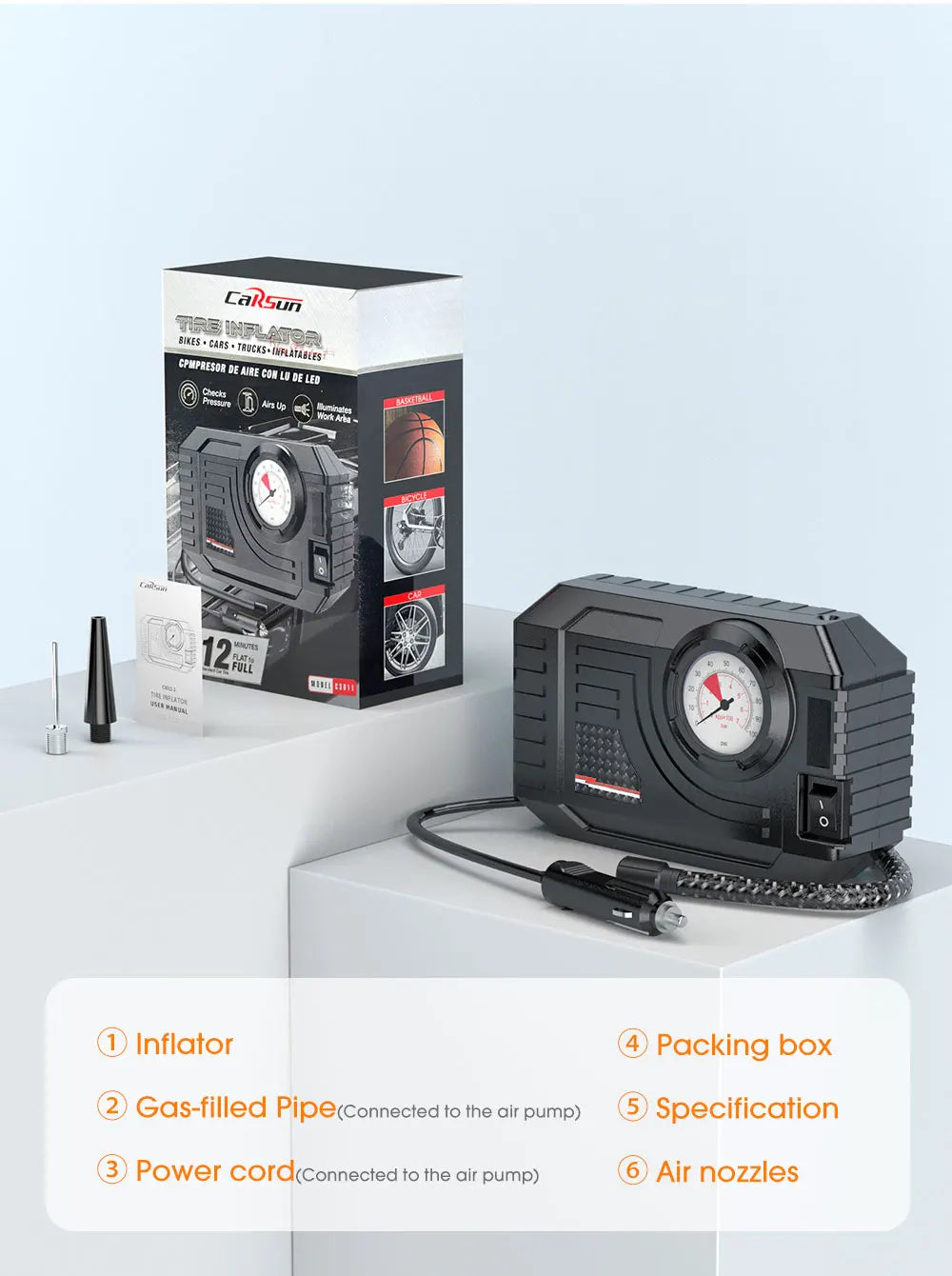CARSUN Mini Wired Tire Inflator – 20L/Min Portable Air Compressor with Analog Gauge