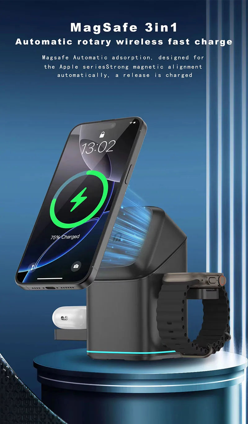Qi2 3-in-1 Magnetic Wireless Charger with Auto-Rotation