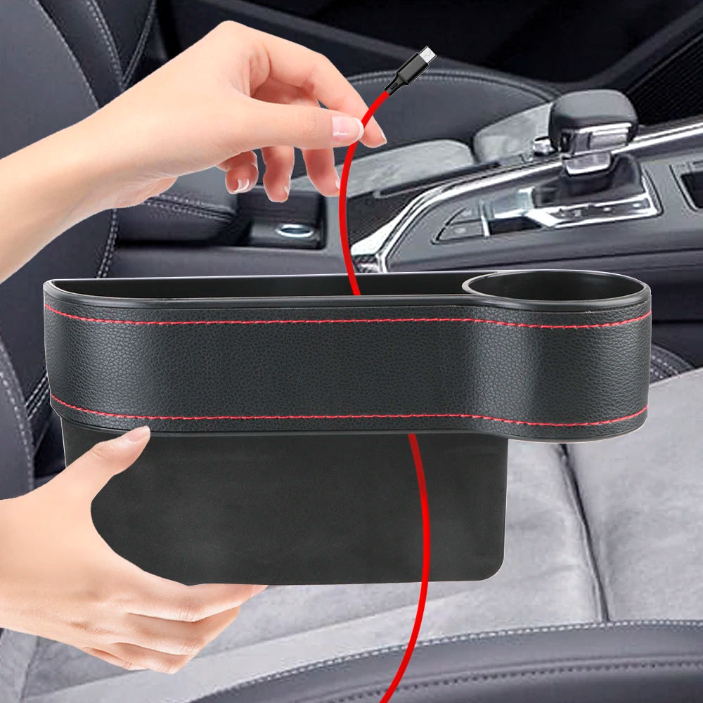 Leather Car Seat Gap Storage Box with Charging Hole
