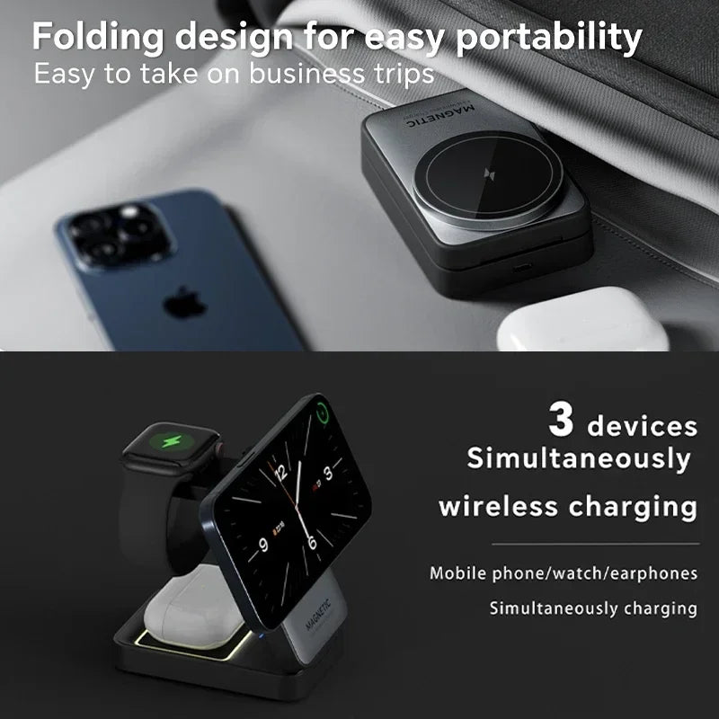 LED Foldable 3-in-1 MagSafe Wireless Charging Stand for iPhone & Apple Watch