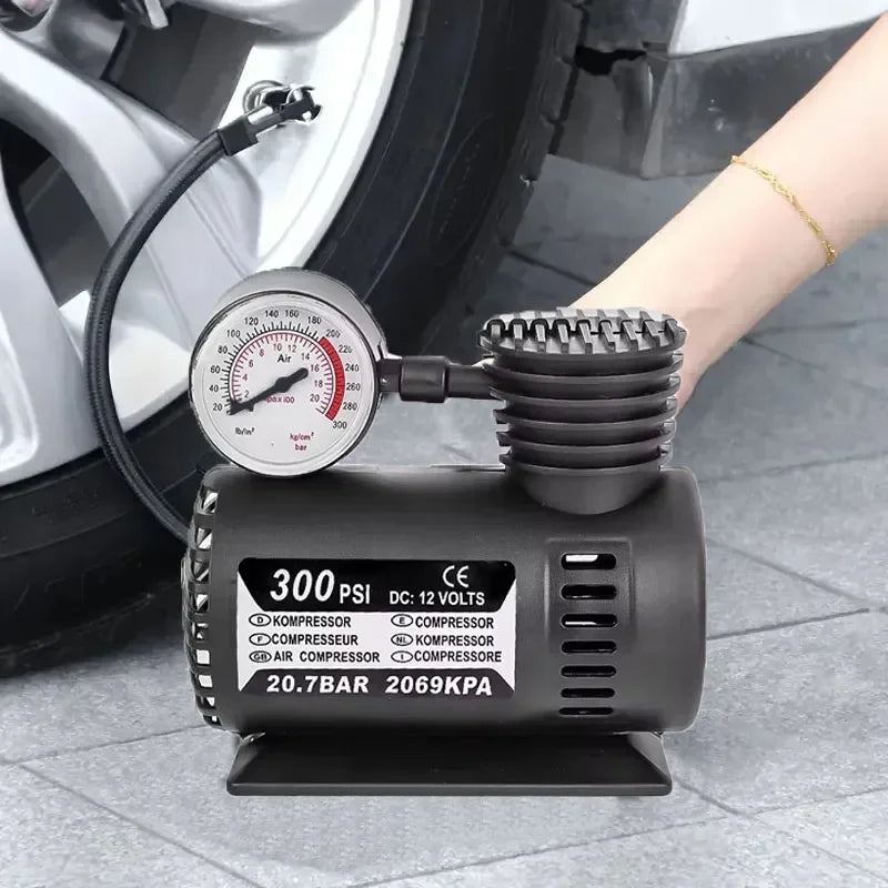 Portable 12V Car Air Compressor – 300 PSI Mini Tire Inflator with Pressure Gauge for Cars, Bikes & Balls