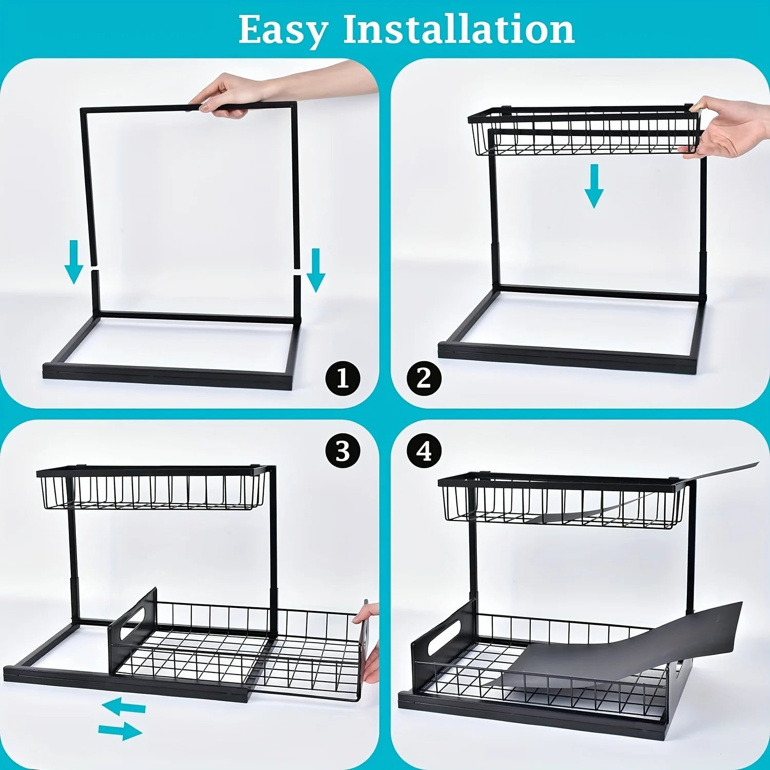 Pull-Out Under-Sink Organizer – 2-Tier Slide-Out Metal Shelf for Cabinet Storage
