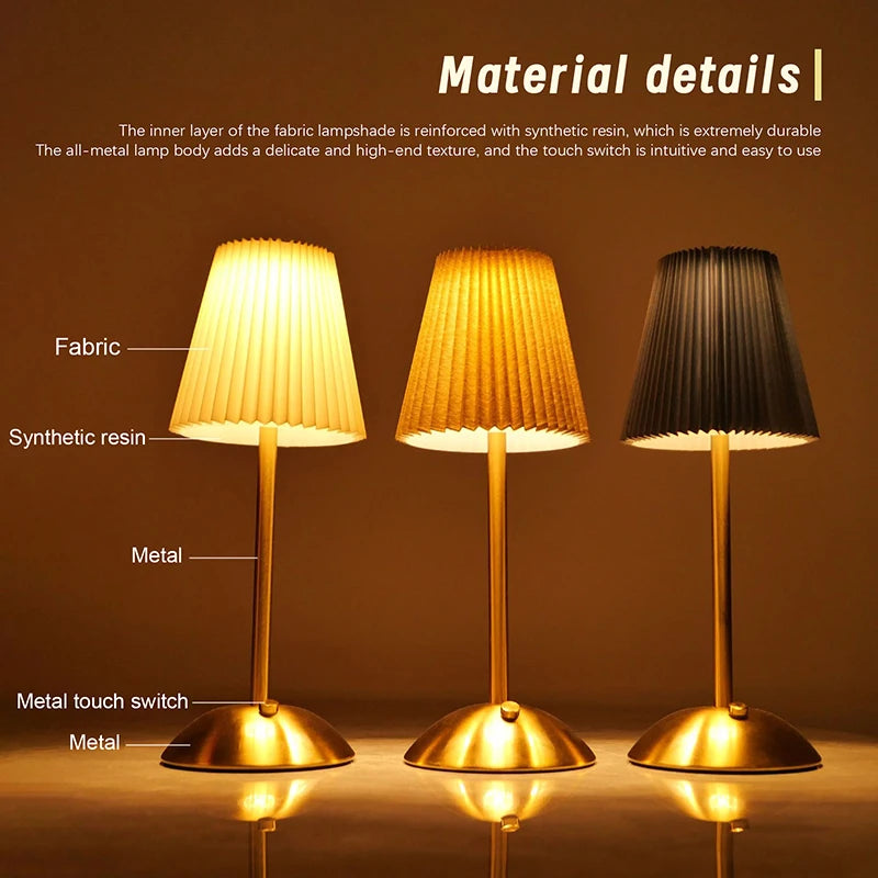 Small Pleated Fabric Shade Cordless Table Lamp – Touch Control, USB Rechargeable