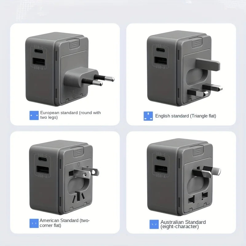 Compact Universal Travel Adapter – 1 USB-A + 1 USB-C, Portable Plug Converter
