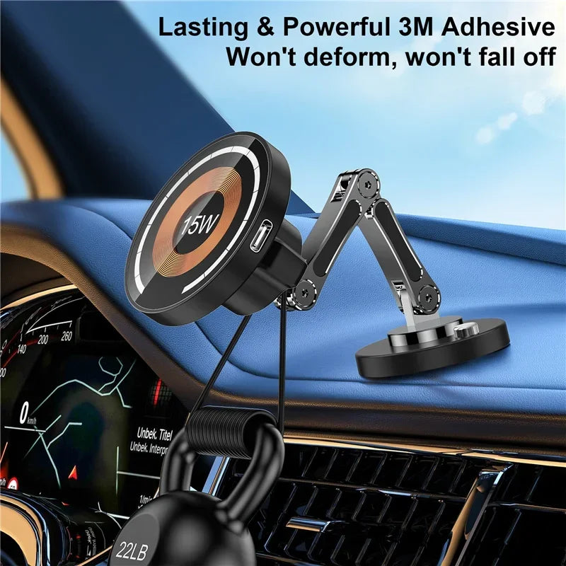 Magnetic Car Phone Mount – 15W Wireless Charging, Compatible with iPhone 12–15
