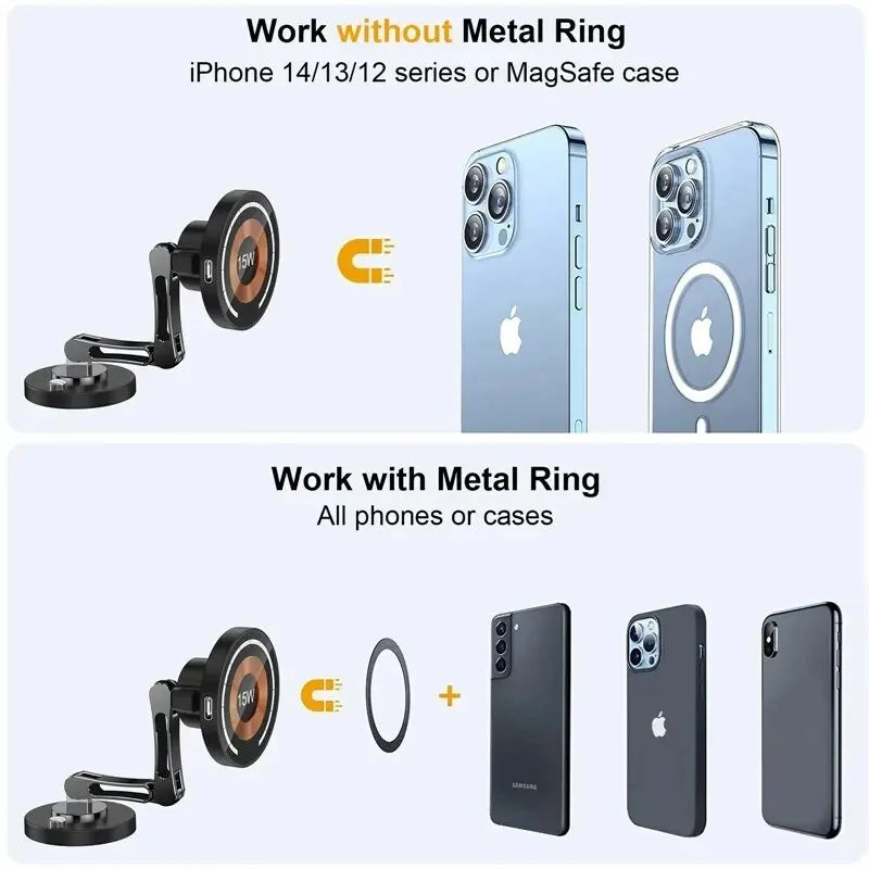 Magnetic Car Phone Mount – 15W Wireless Charging, Compatible with iPhone 12–15