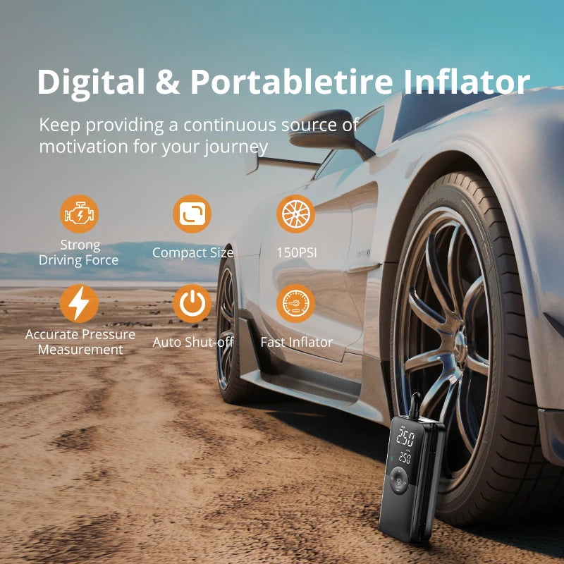 CARSUN Cordless Tire Inflator – 94 PSI, Digital Display, Rechargeable with Power Bank Function