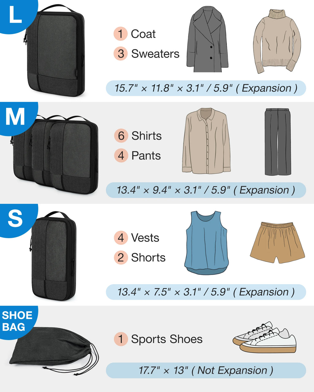 BAGSMART 6-Piece Compression Packing Cubes Set – Expandable Travel Luggage Organizer with Shoe Bag