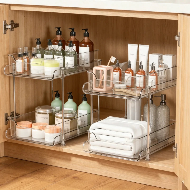 2-Tier Under-Sink Organizer – Sliding Acrylic Cabinet Basket for Kitchen & Bathroom