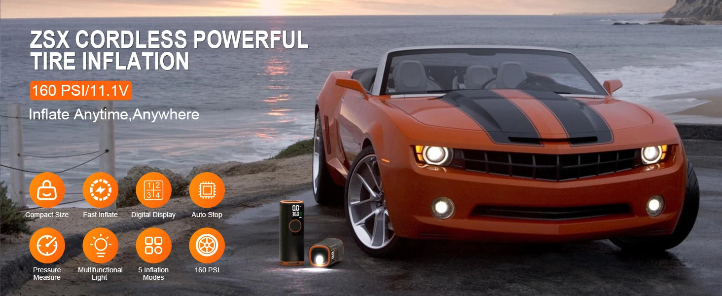 160 PSI Smart Tire Inflator – 6000mAh Battery, Dual Screen & 5-Mode Air Compressor