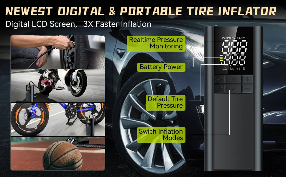 Portable Tire Inflator – 150 PSI Air Compressor with 8000mAh Battery & Auto Shutoff