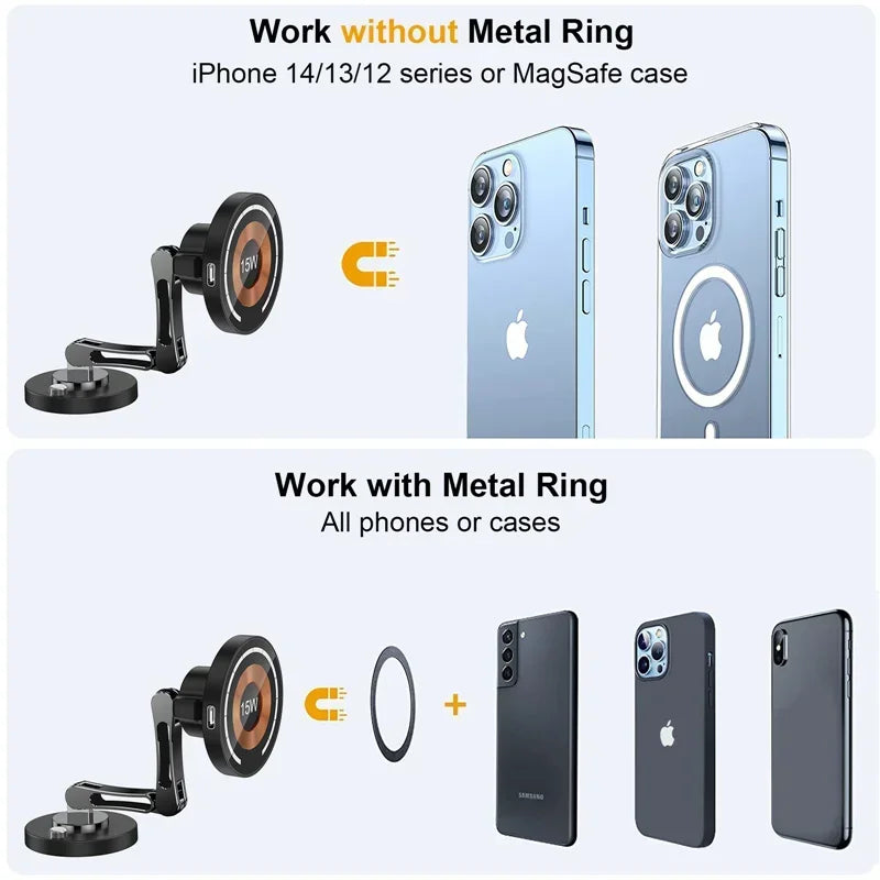Magnetic Car Phone Mount – 15W Wireless Charging, Compatible with iPhone 12–15