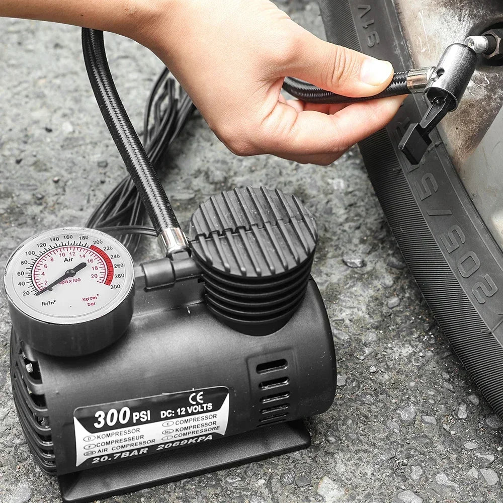 Portable 12V Car Air Compressor – 300 PSI Mini Tire Inflator with Pressure Gauge for Cars, Bikes & Balls