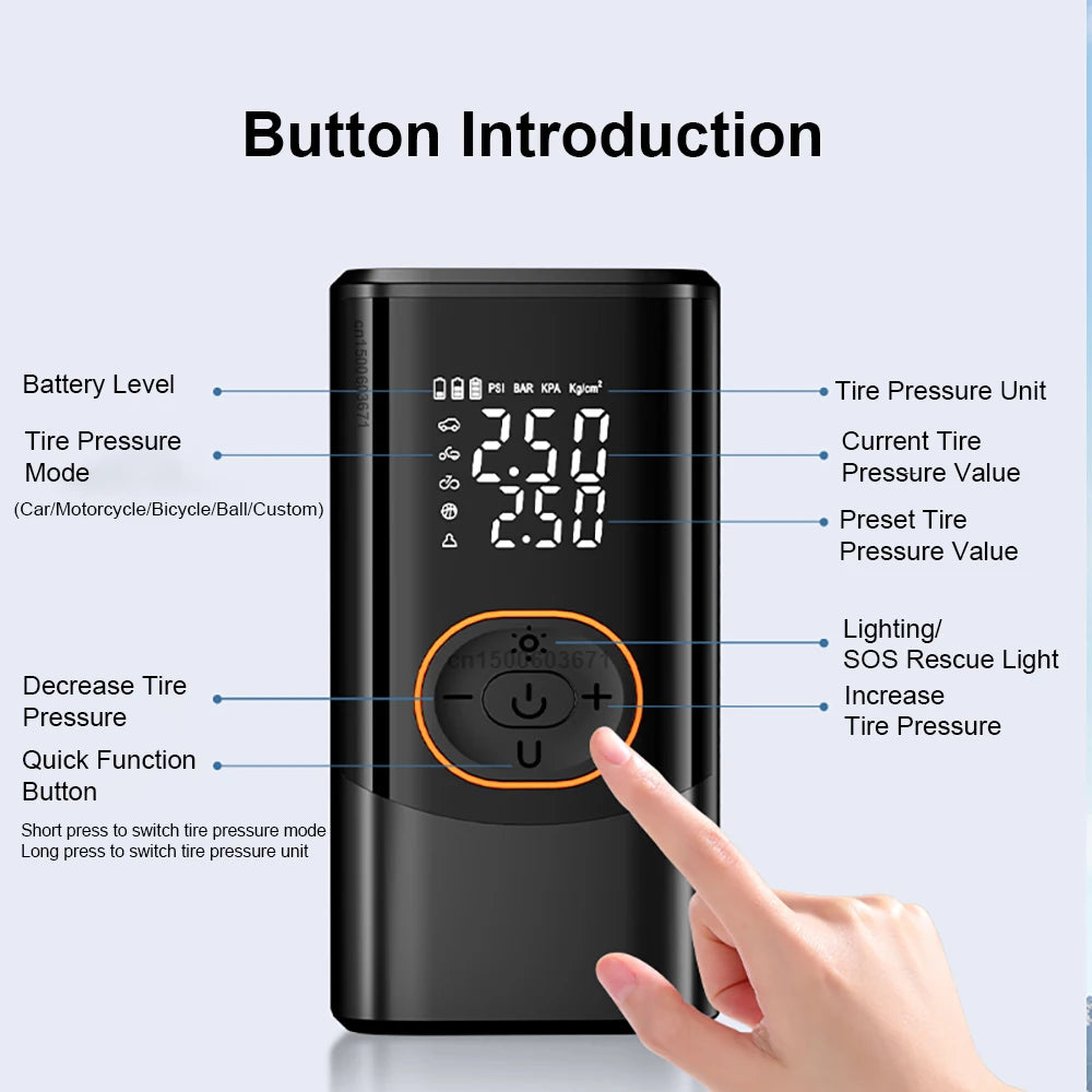 Cordless Tire Inflator – Dual LED Display, 4 Preset Modes, Auto Shut-Off, Fast Inflation