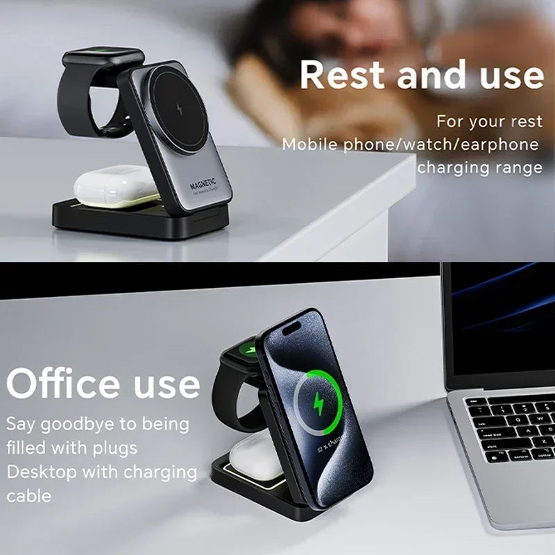 LED Foldable 3-in-1 MagSafe Wireless Charging Stand for iPhone & Apple Watch