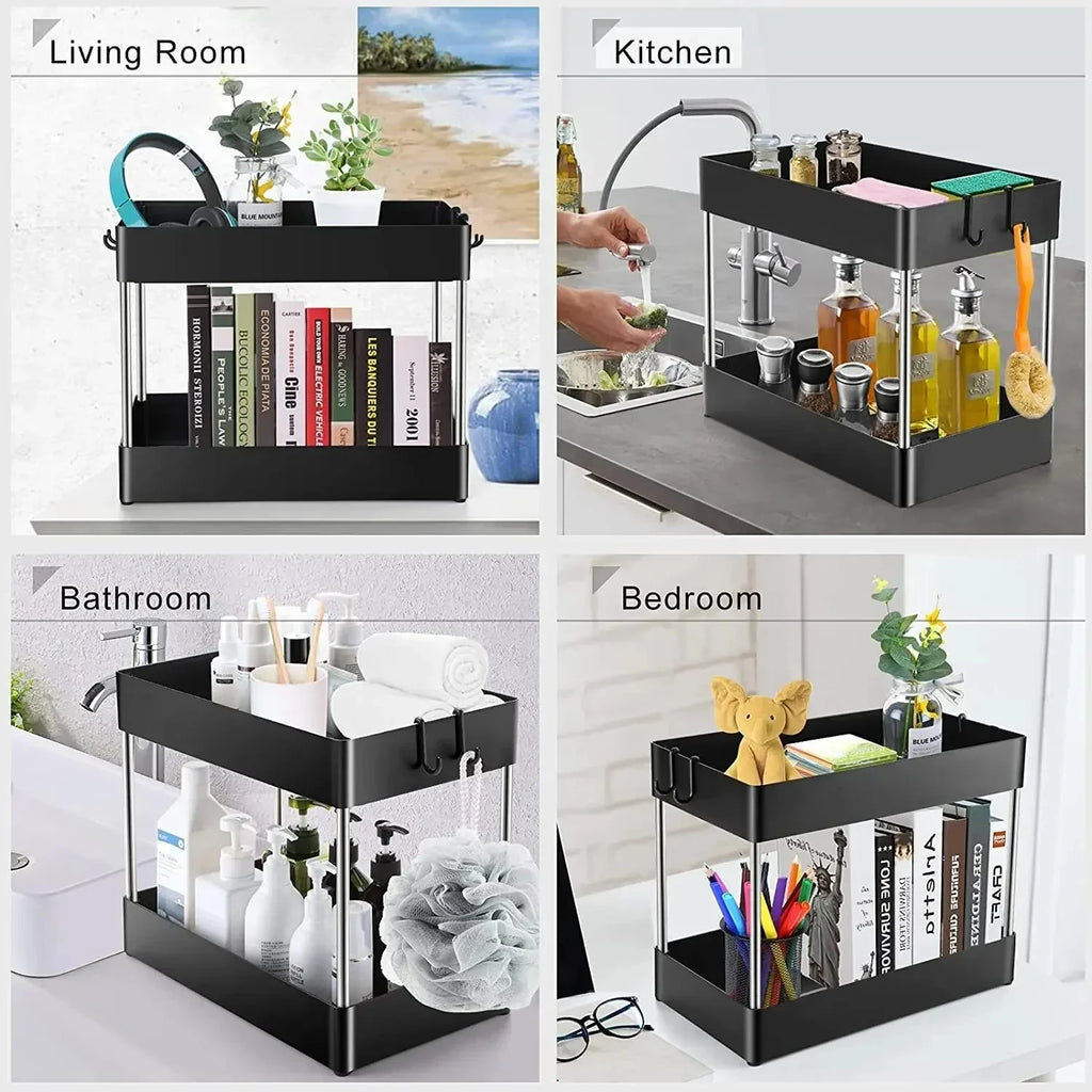 2-Tier Under-Sink Storage Rack with Hooks – Multipurpose Cabinet Organizer for Kitchen & Bathroom